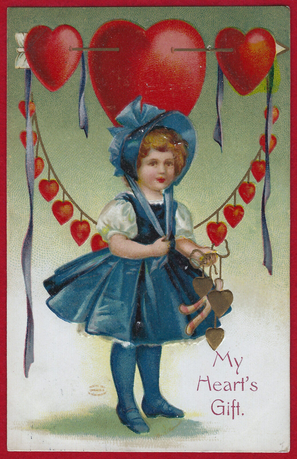 Vtg Clapsaddle Valentines Day Girl in Blue Bonnet Hearts PC A/S Emb Kopal c1907