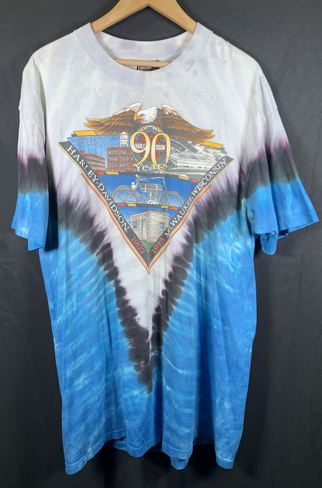 ✨Vintage 1992 Harley Davidson Carolina Blue Tye Dye Eagle Shirt Size L 90s✨