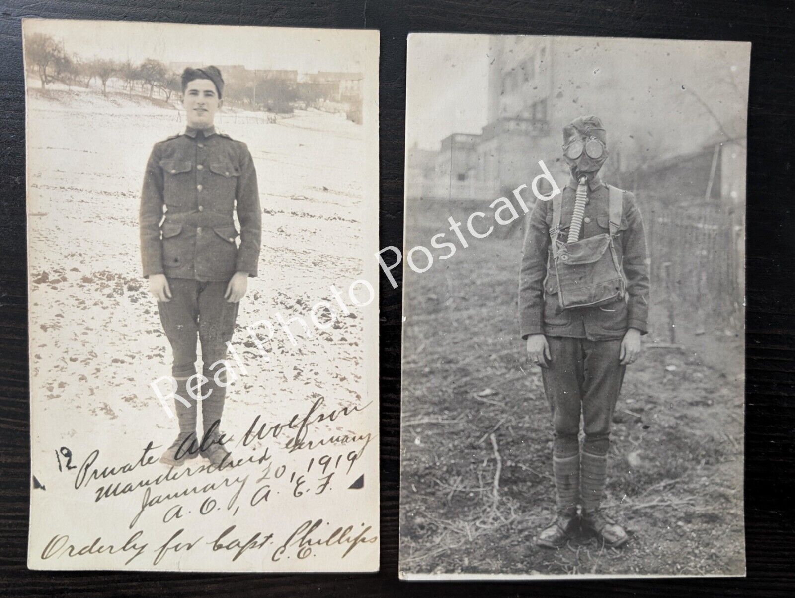 RPPC WWI Jewish Soldier Abe Woflson AEF 90th Division Gas Mask 2 Postcards