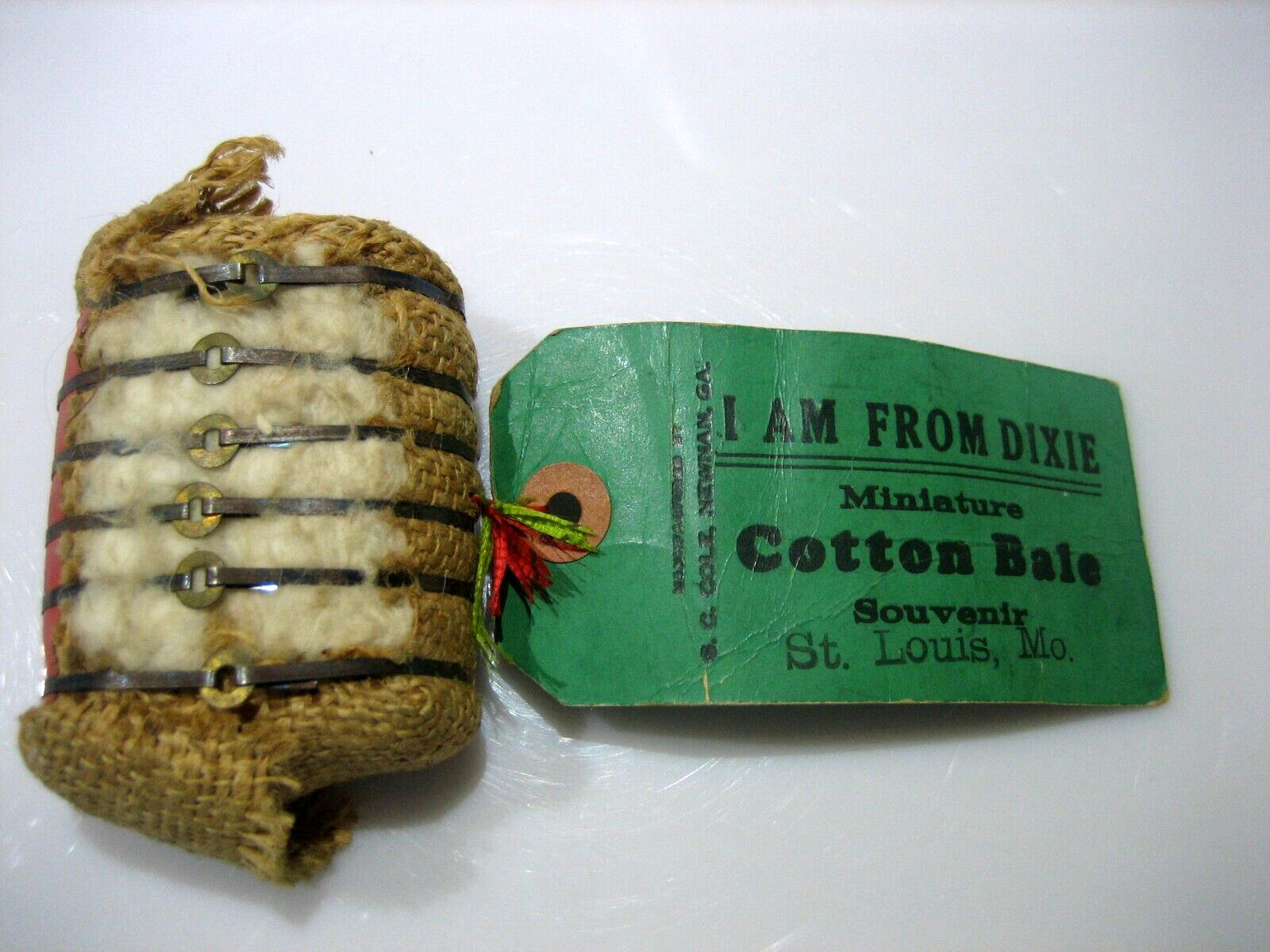 VINTAGE 1930\'S MINIATURE COTTON BALE ST. LOUIS, MO WITH JEFFERSON POSTAGE STAMP