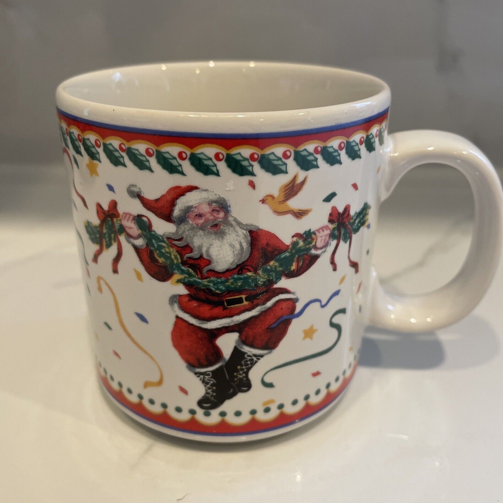 Vintage Vitromaster Holiday Christmas Coffee Tea Mug Cup Dancing Santa Claus