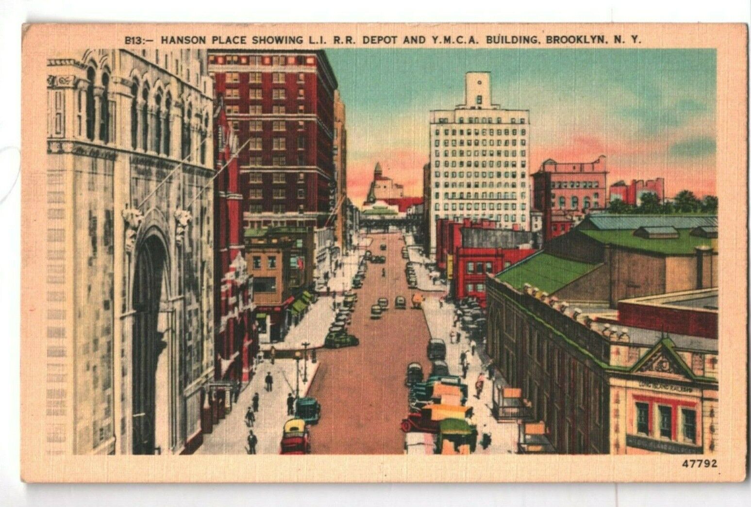 1942 Linen Postcard Brooklyn NY Hanson Place Long Island Railroad Depot & YMCA