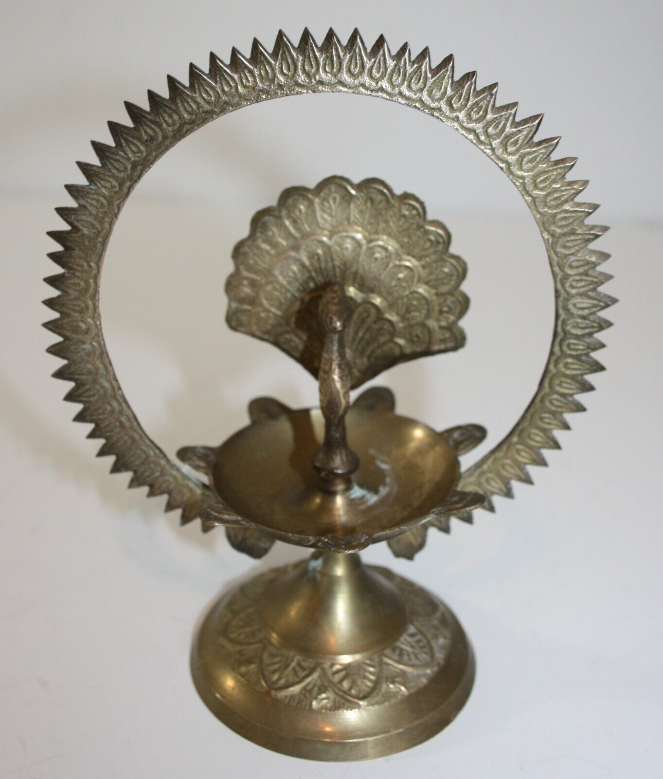 Vintage Brass Five Wick Peacock Oil Lamp Hindu Temple Home Puja Lamp