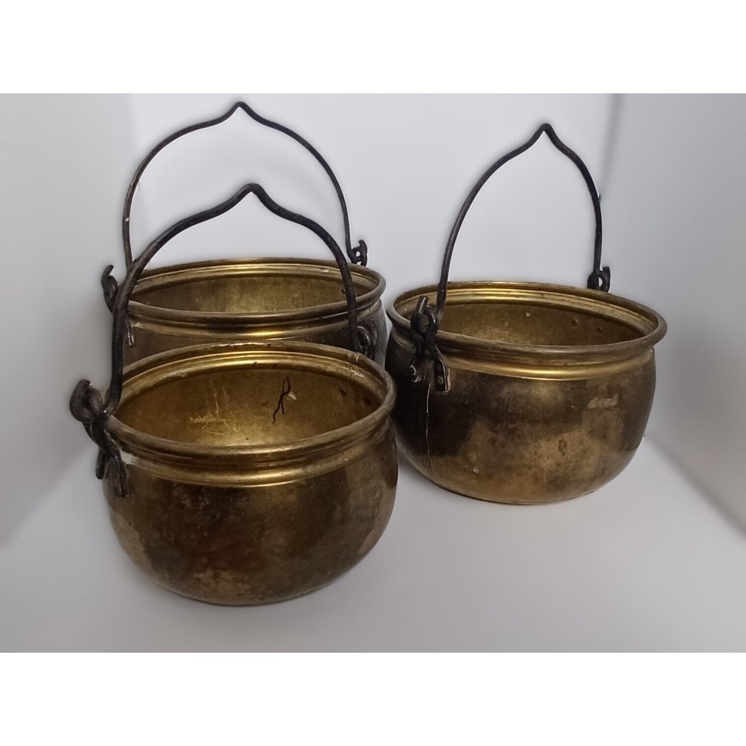 Early 1900s Antique Set of 3 Brass over Copper Pots Planters with Handles