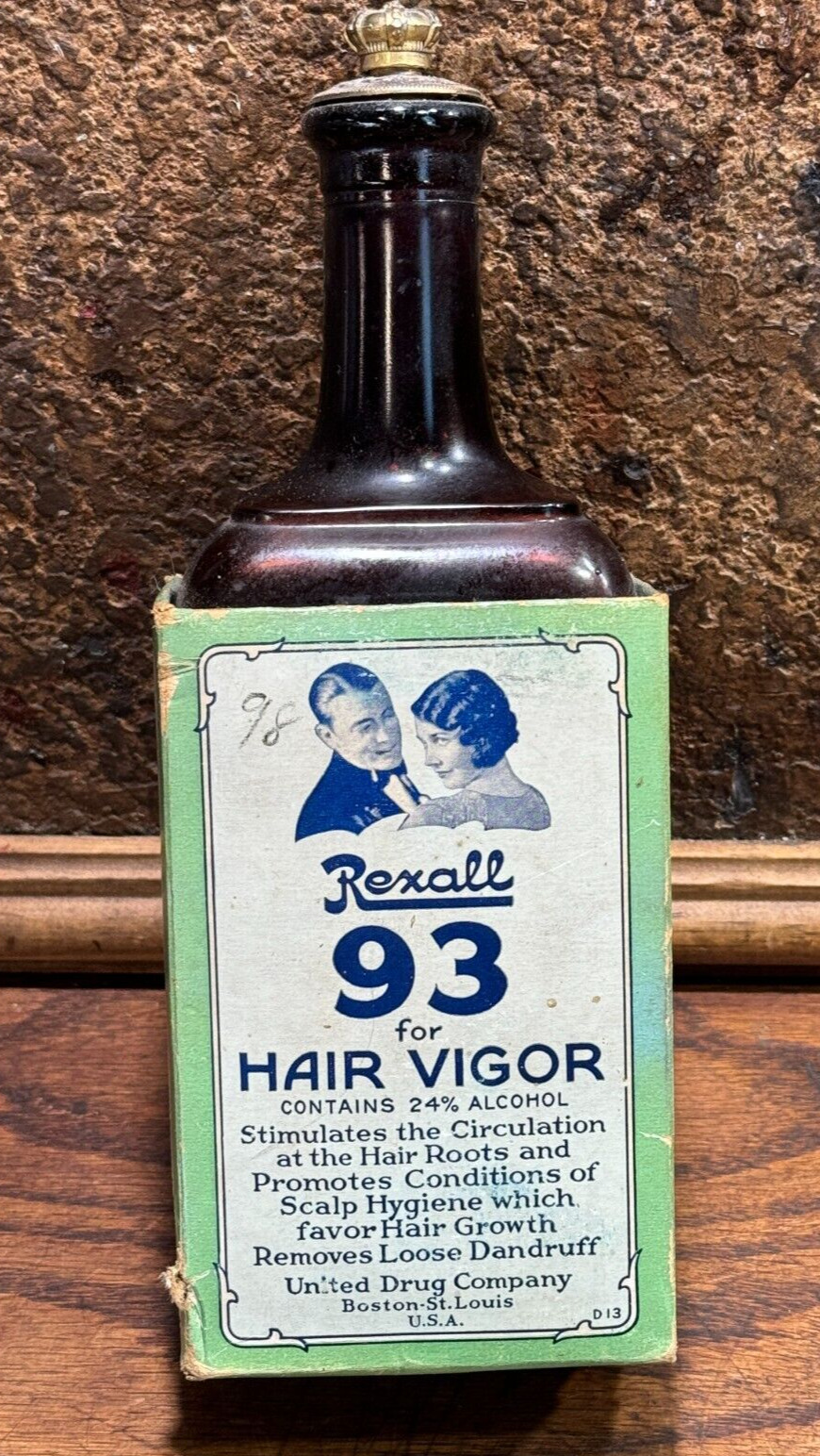 Vintage 1920s BARBER SHOP Hair Tonic Bottle w Original Box ~ Rexall 93