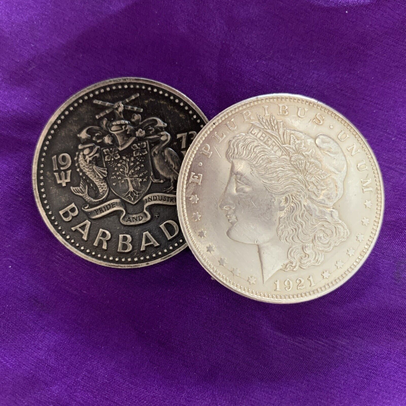 Real Silver Morgan Shim Shell Coin & $2.00 Barbados Coin . Non Expanded .