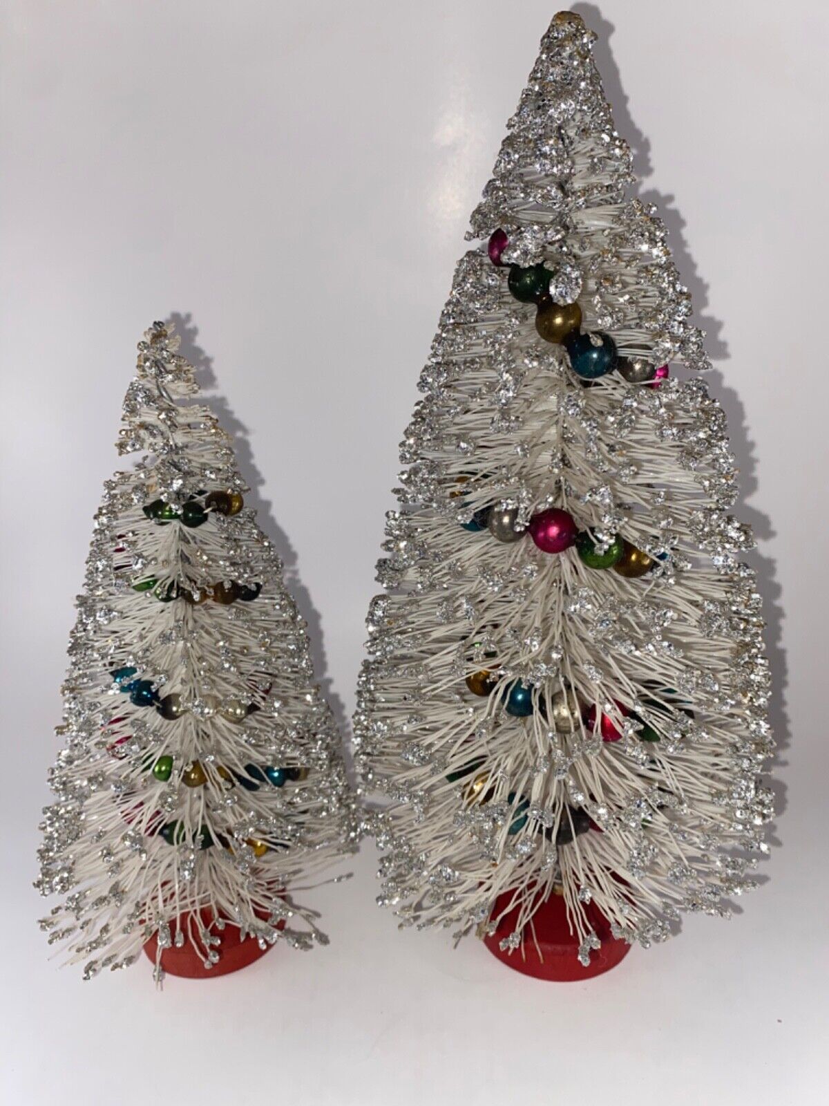 Two Vintage Bottle Brush Tree with Silver Glitter Tips and Mercury Glass Garland