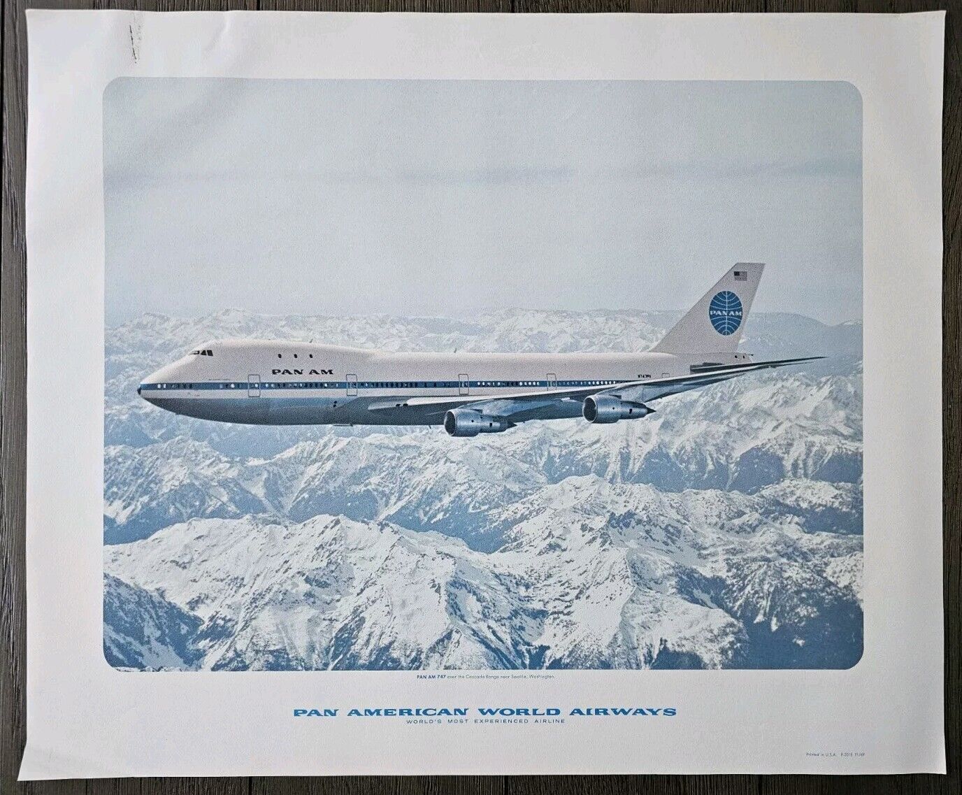 RARE VTG Poster Pan Am World Airways 747 Seattle Washington USA Cascade Mountain