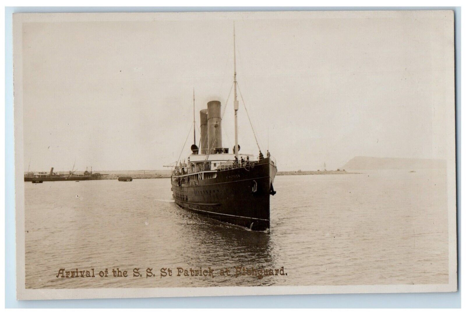 c1920\'s S.S. St Patrick Steamship Fishguard Harbour Wales RPPC Photo Postcard