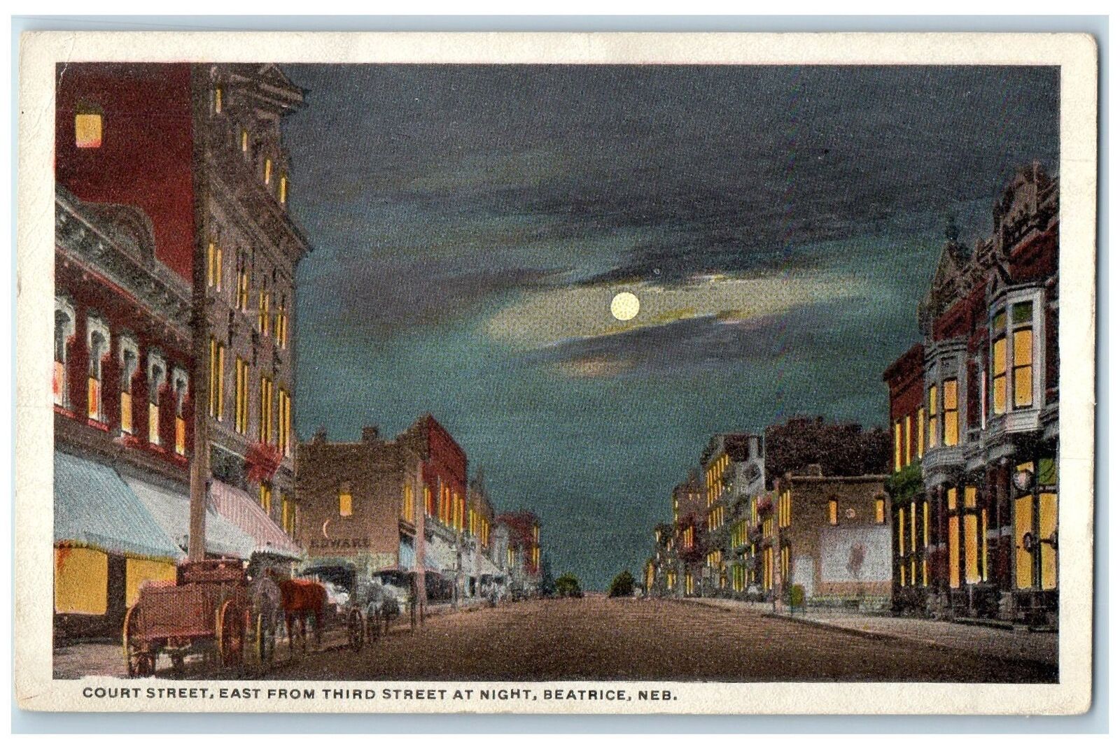 c1920 Court Street East From Third Street At Night Beatrice Nebraska NE Postcard
