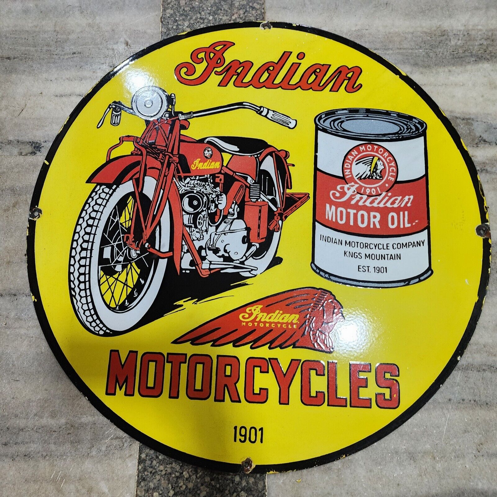 INDIAN MOTORCYCLES PORCELAIN ENAMEL SIGN 30 INCHES ROUND