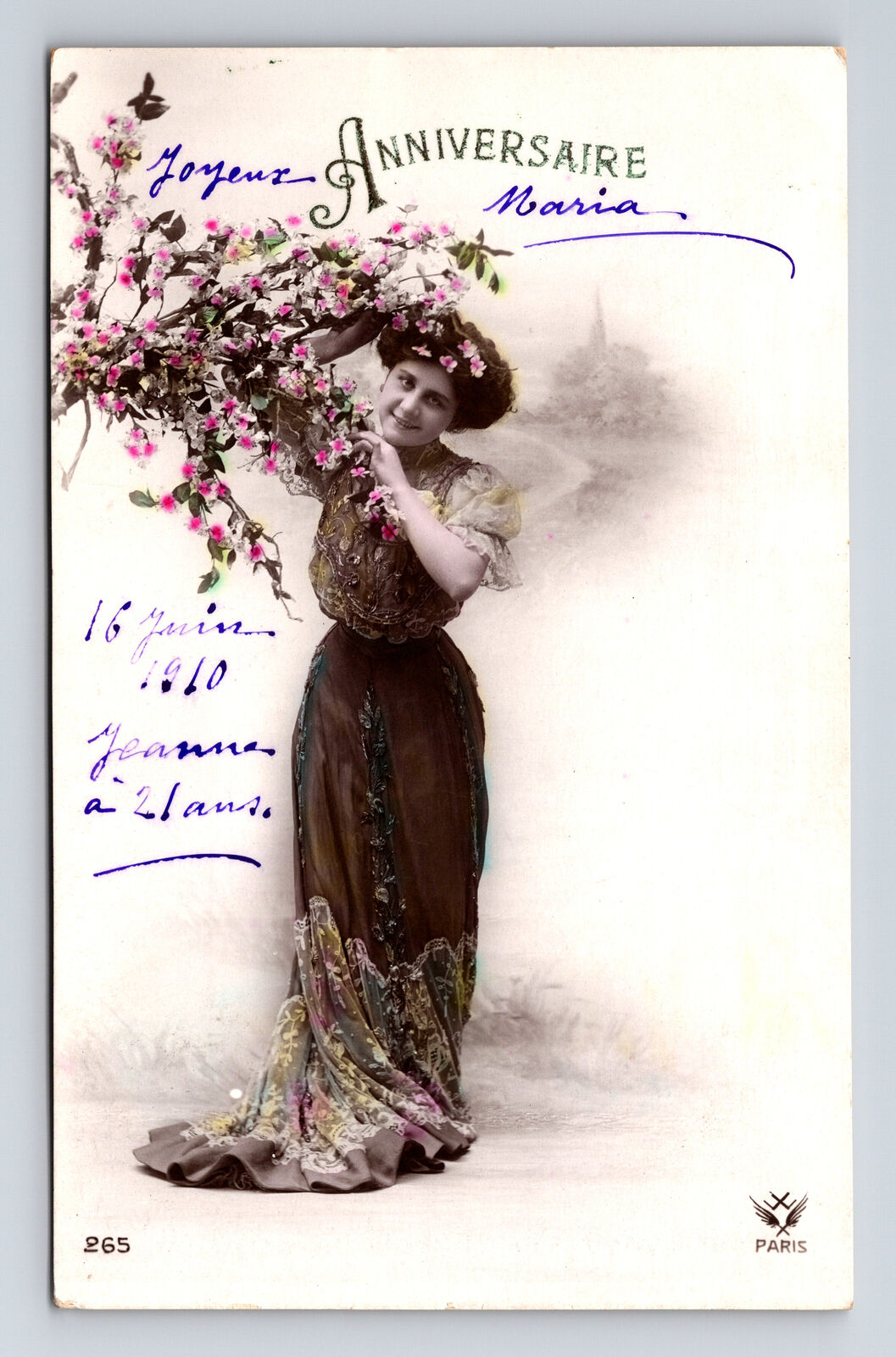 RPPC French Hand Colored Portrait Beautiful Woman Small Waist Flowers Postcard