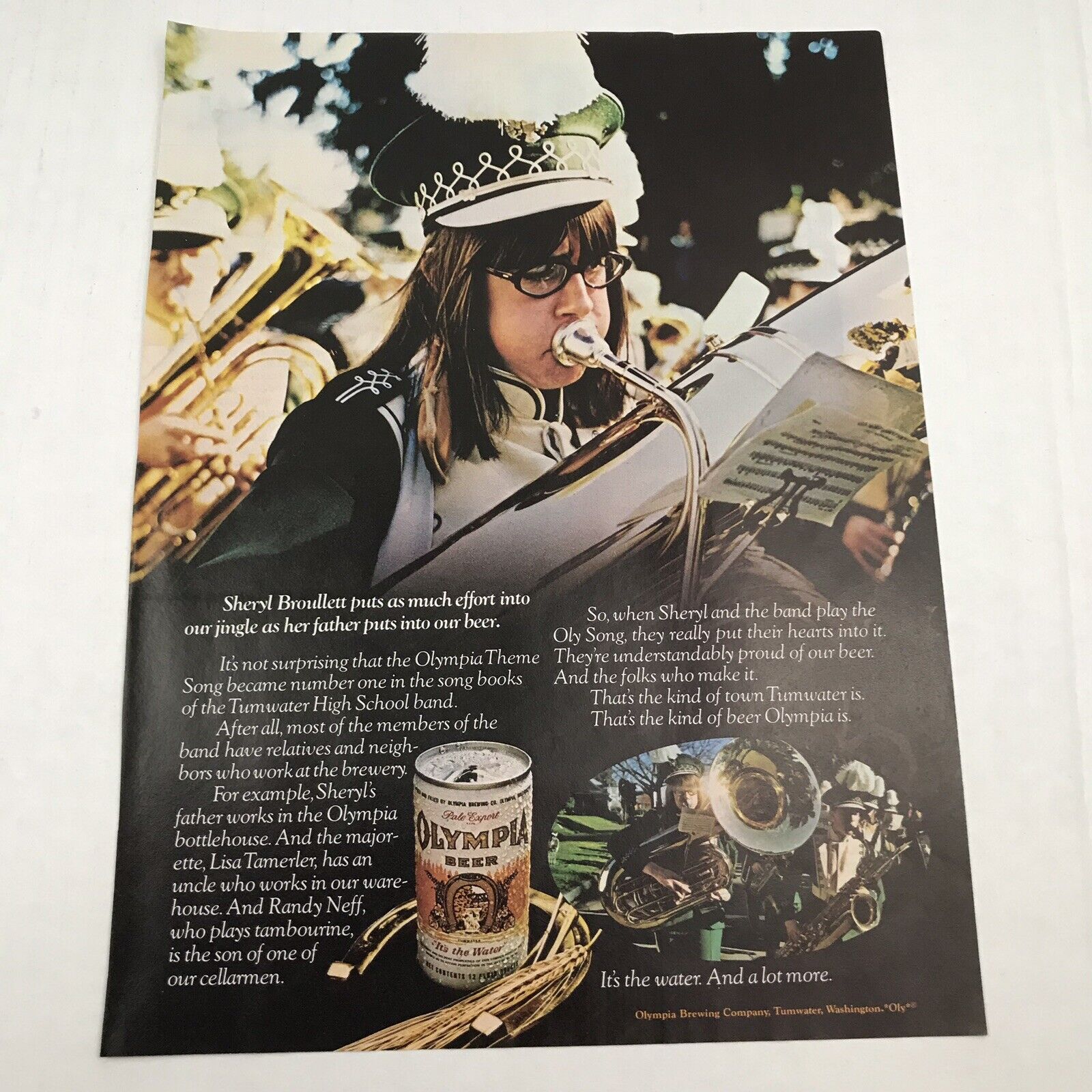 Vtg 1973 Print Ad Olympia Beer Its The Water Tuba Player Band Advertising Art 