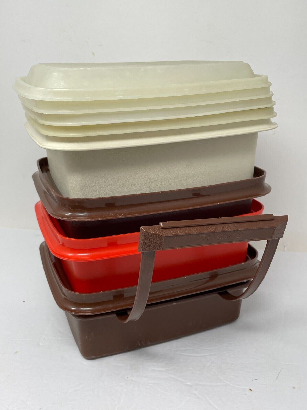 9 Piece Set of Tupperware Pack -n- Carry Lunch Boxes Orange Brown White