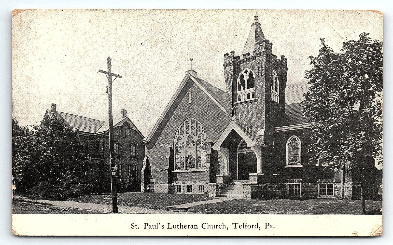 c1910 TELFORD PA ST. PAUL'S LUTHERAN CHURCH STREET VIEW EARLY POSTCARD P3985