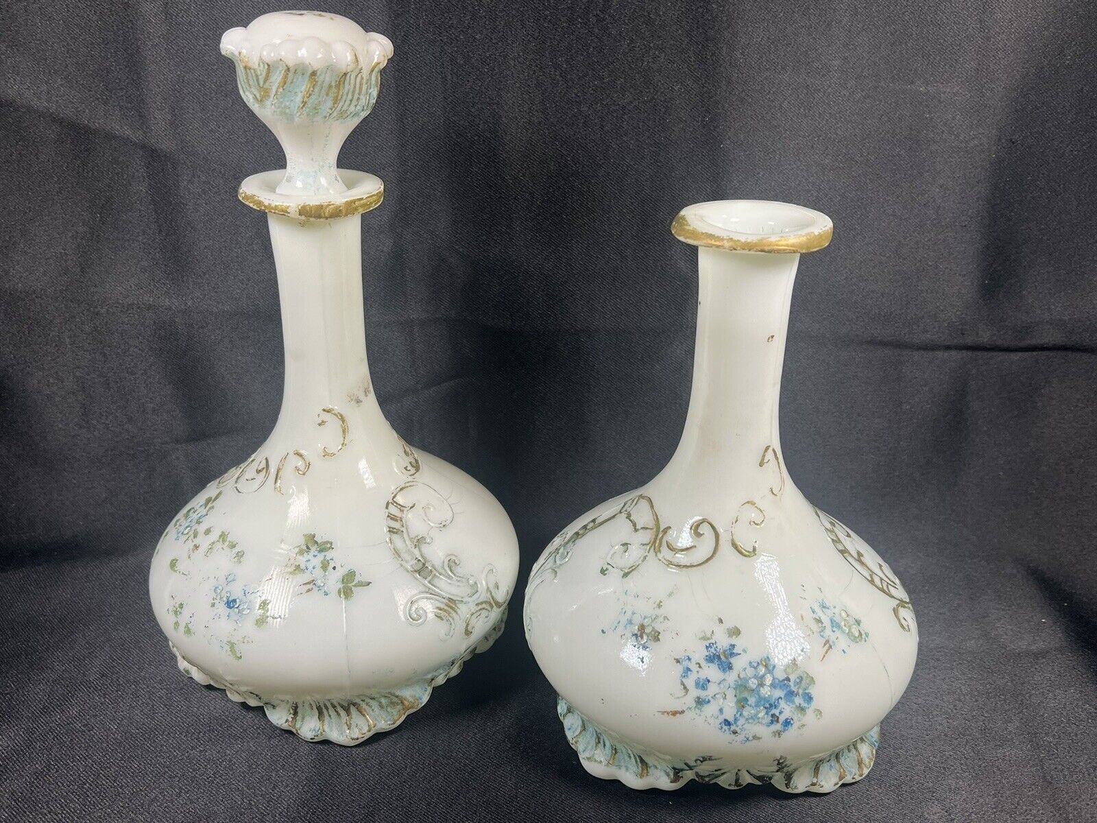 VTG ATQ SET 2 Victorian Hand Painted Milk Glass Decanters with 1 Stopper 8”