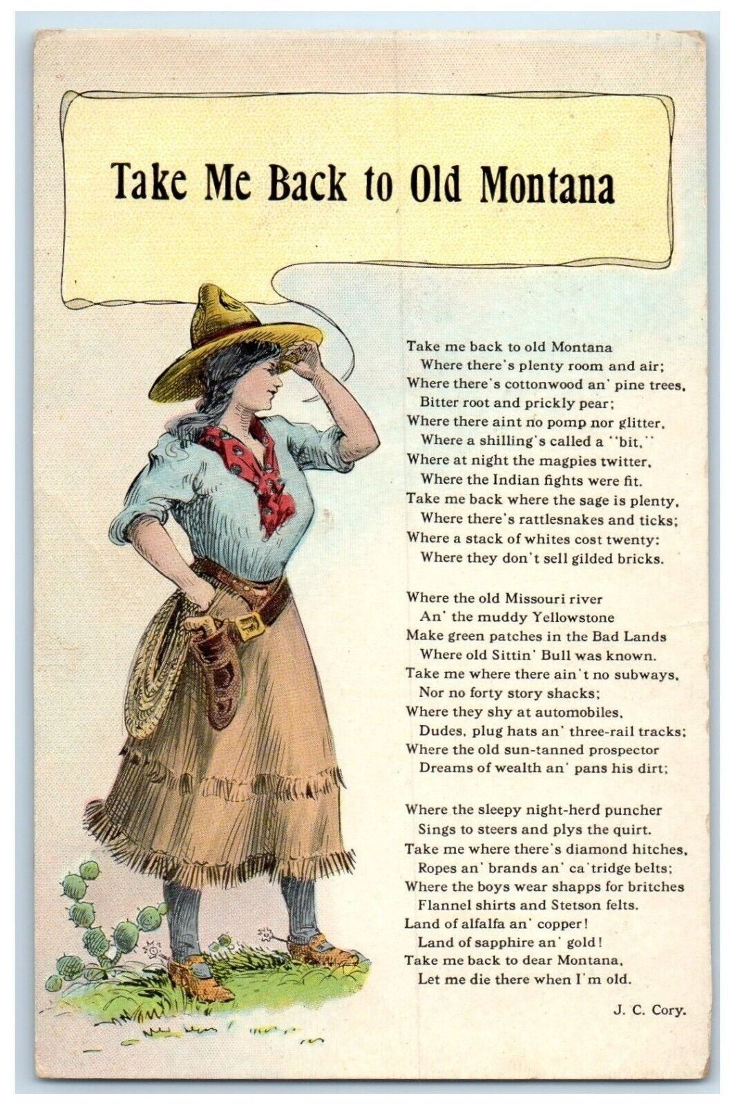 1913 Cowgirl Take Me Back To Old Montana Poem Saco MN Posted Antique Postcard