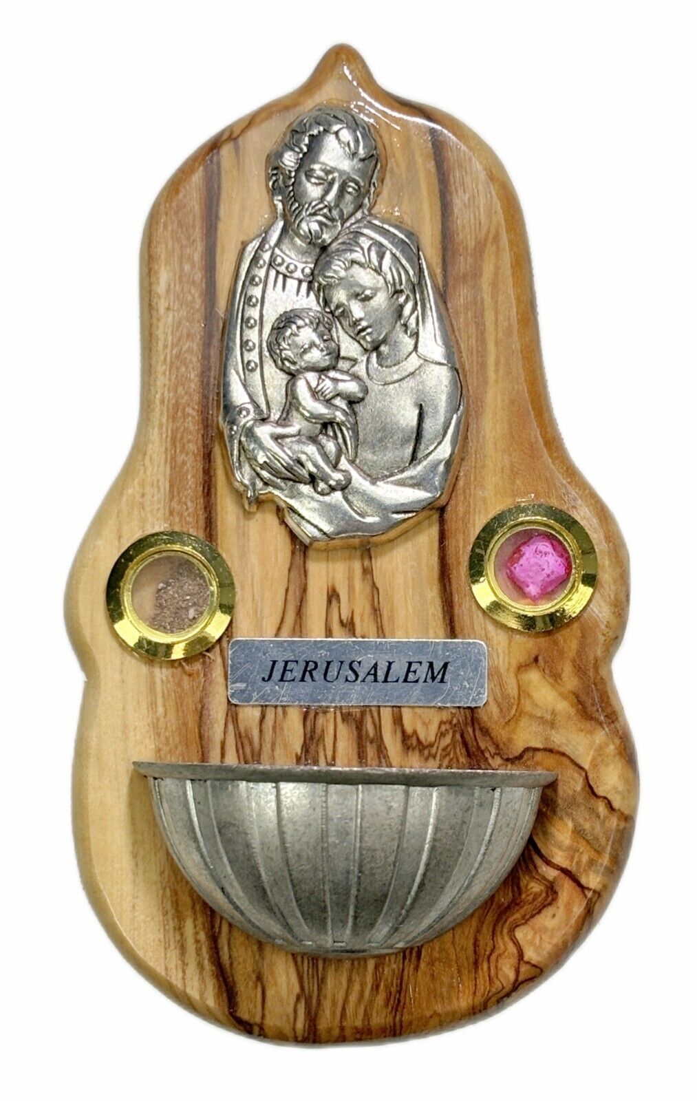 Holy Water Font Olive Wood Jerusalem Souvenir 4.75” x 2.75” Holy Family Icon