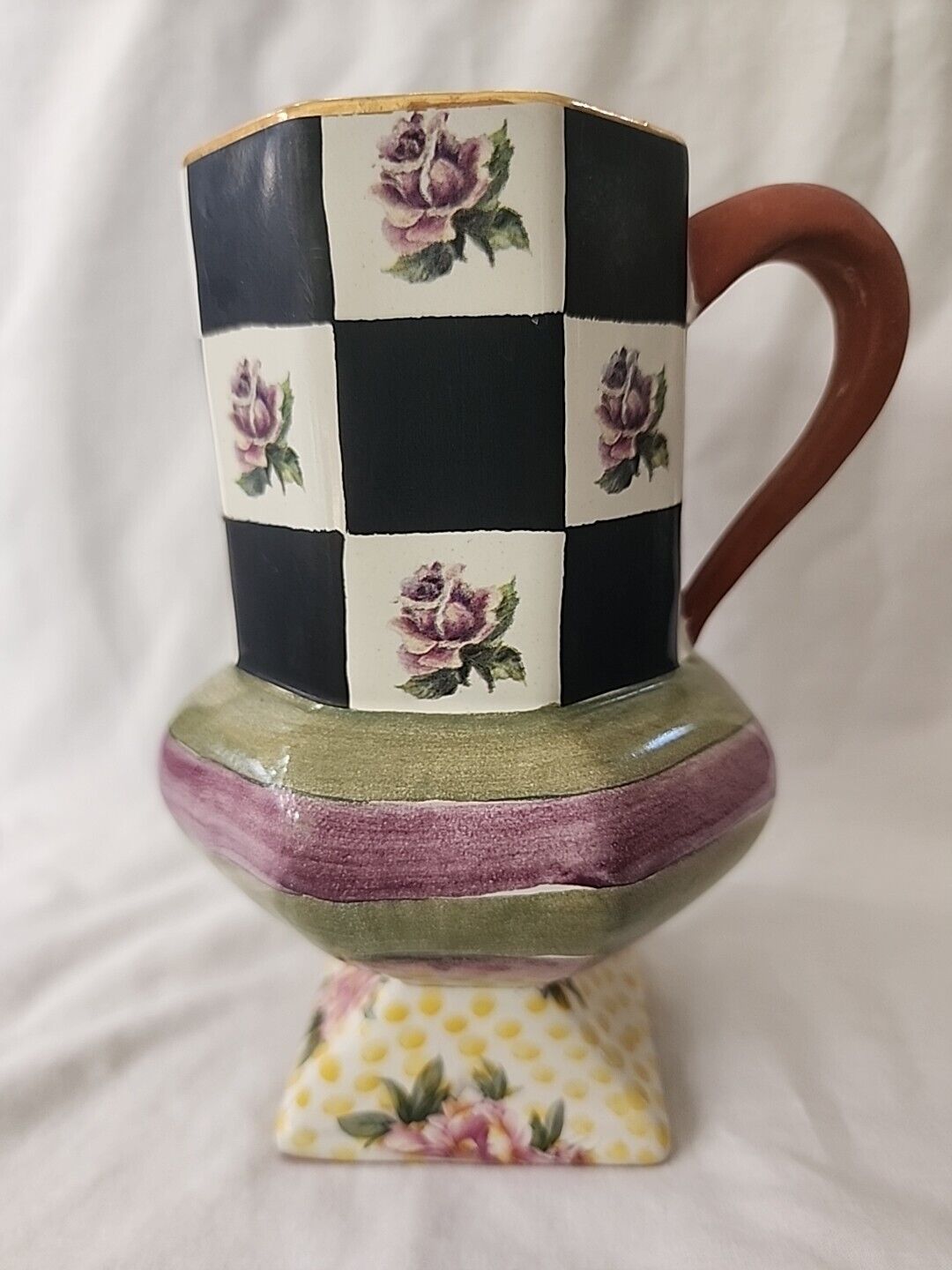 Vintage Mackenzie-Childs Torquay Tall Mug Vase Palm & Devon Checker Board Floral