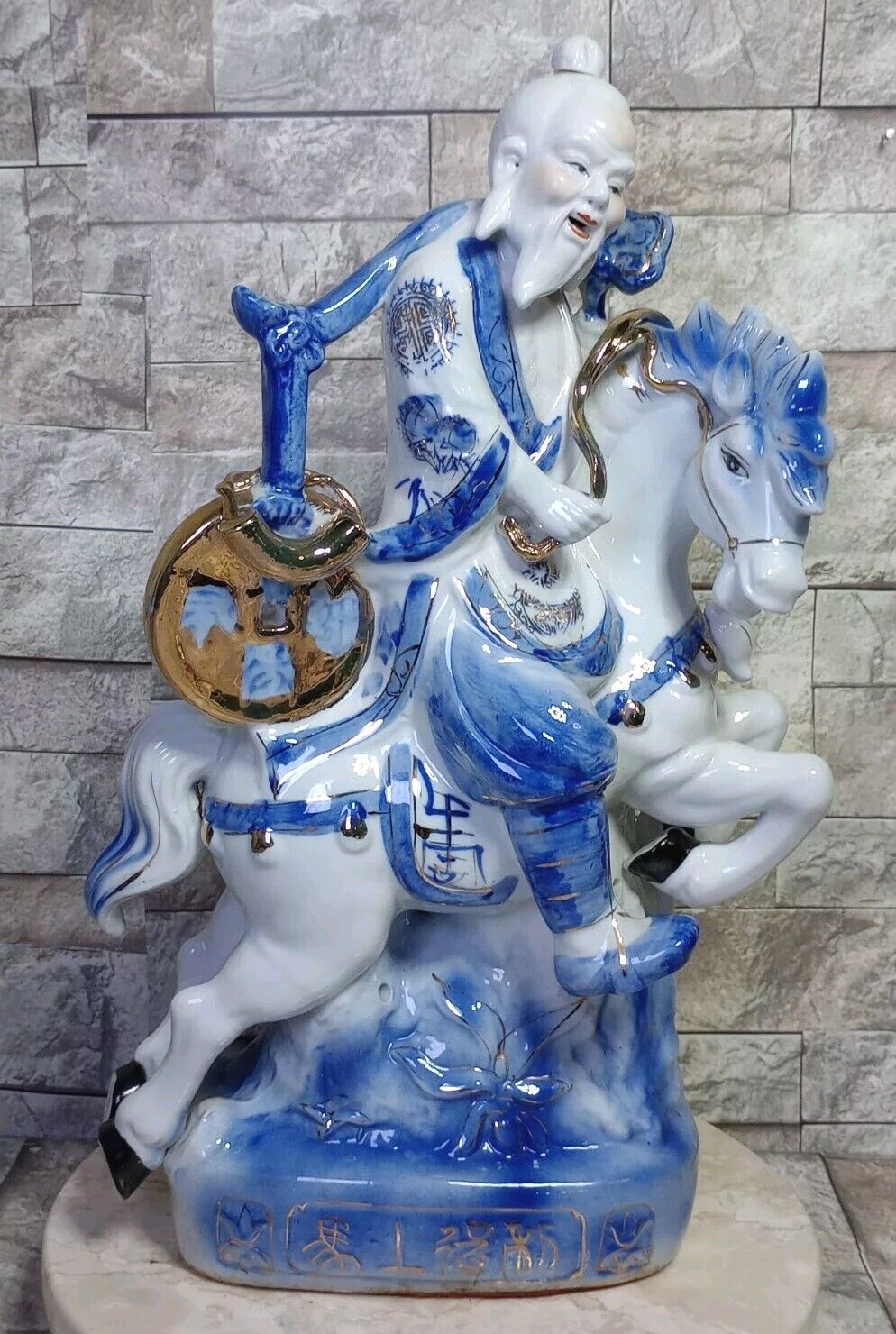 CHINESE STATUE OF MAN W/ FISH RIDING HORSE ~ LARGE & HEAVY ~ 17.5