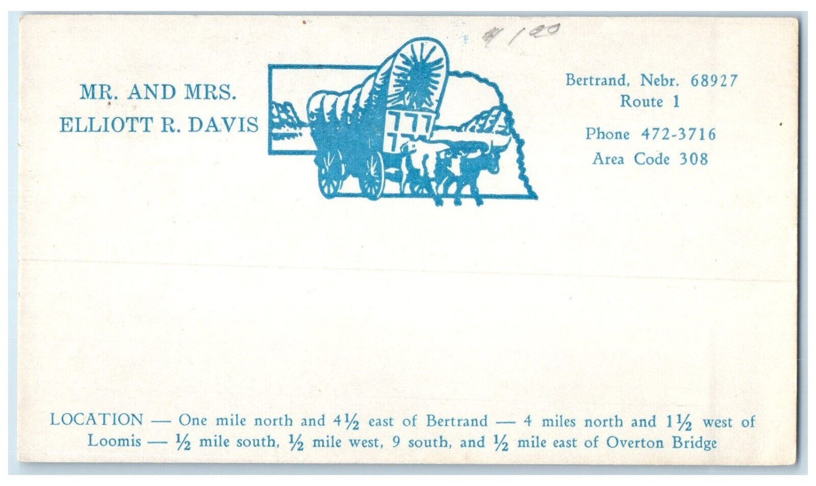 c1950's Mr and Mrs. Elliot R Davis Bertrand Nebraska NE Unposted Postal Card