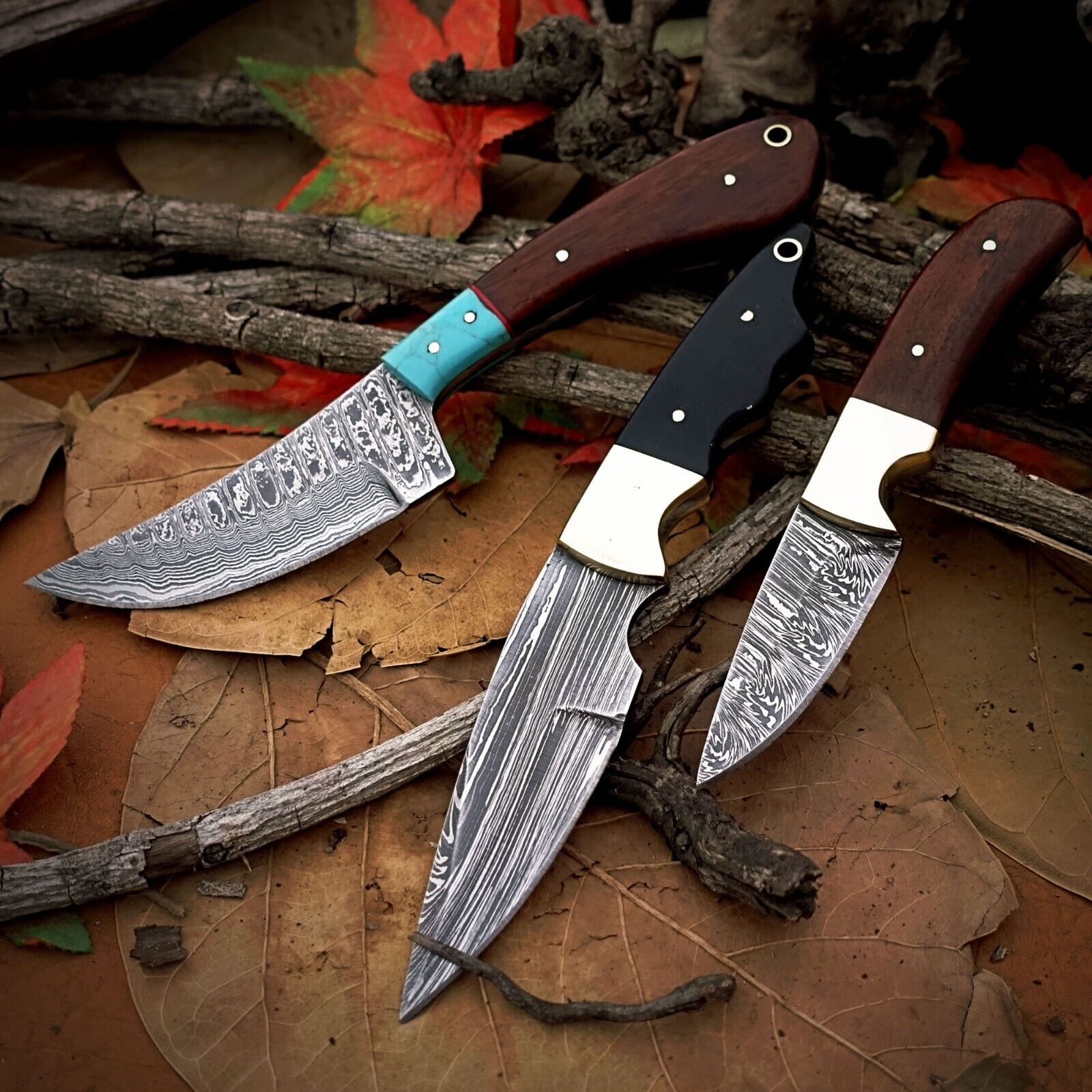 3 Pcs SHADBLADE Custom Hand Forged Damascus Steel Hunting EDC Bushcraft Knife