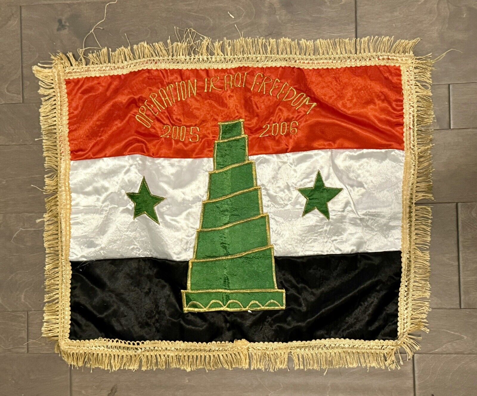 Operation Iraqi Freedom (OIF) Bring Back Iraq Flag • Gold Fringe • Silk • 2004