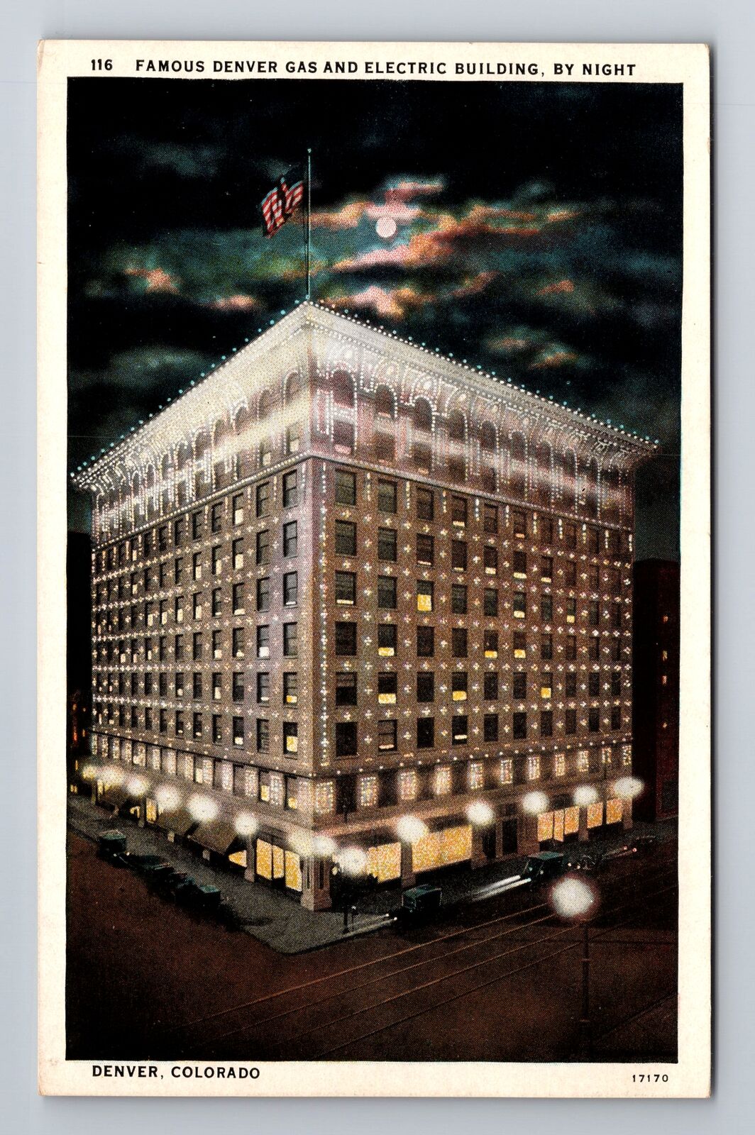 Denver CO-Colorado, Famous Gas & Electric Building At Night, Vintage Postcard