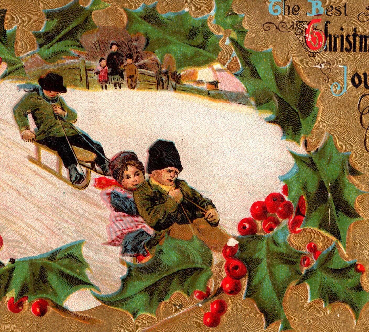 Antique 1909 Boys Kids Riding Snow Sleigh Best Merry Christmas Joy Postcard