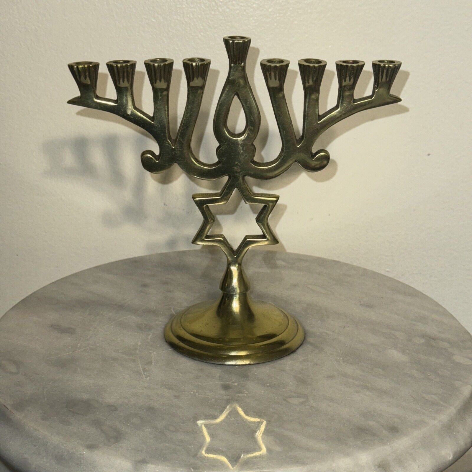 Vintage Hanukkah Menorah Solid Brass Judaica Jewish Star of David 7”