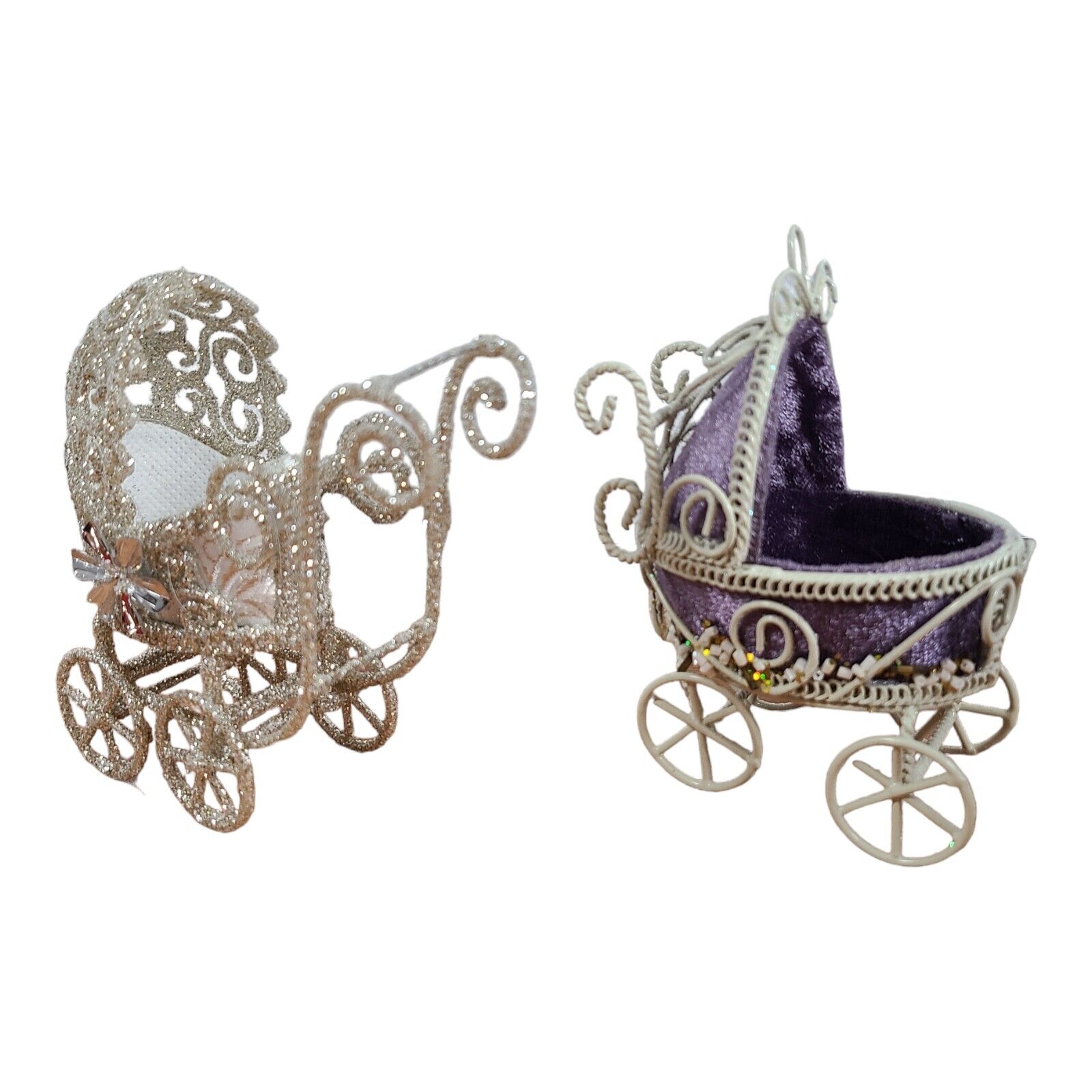 Two Victorian Baby Carriages Christmas Ornaments