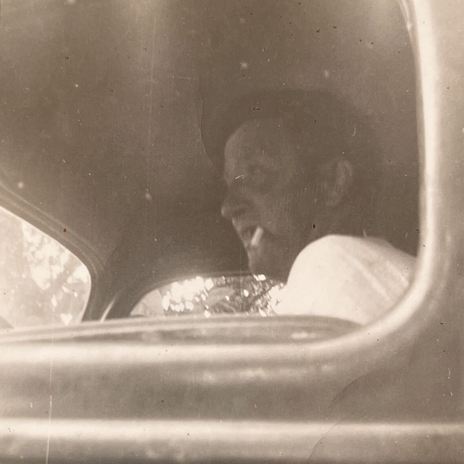 Vintage B&W Photograph Snapshot Abstract Man Smoking Cigarettes Thru Car Window