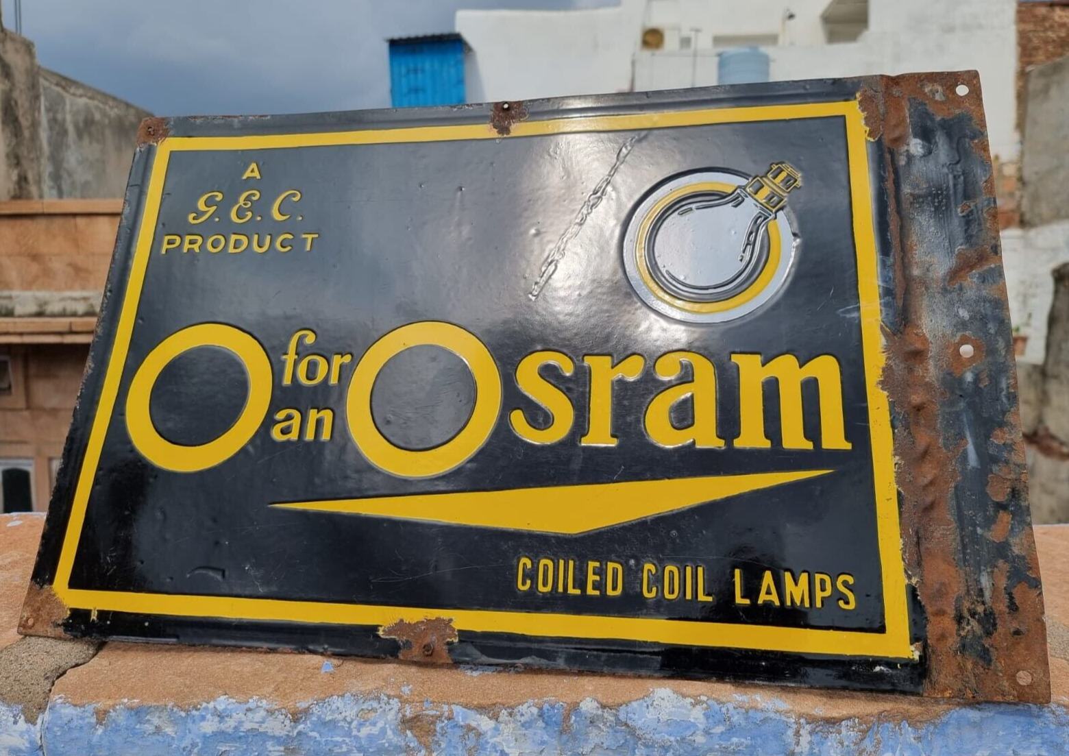 1930s Old Vintage Rare Double Sided Osram Bulb Lamps Porcelain Enamel Sign Board