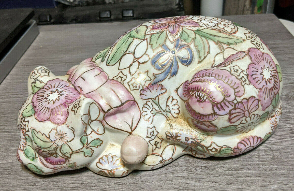 Vintage Cloisonné Cat Ceramic Floral Style Curled-Up Sleeping 9” Long Figurine