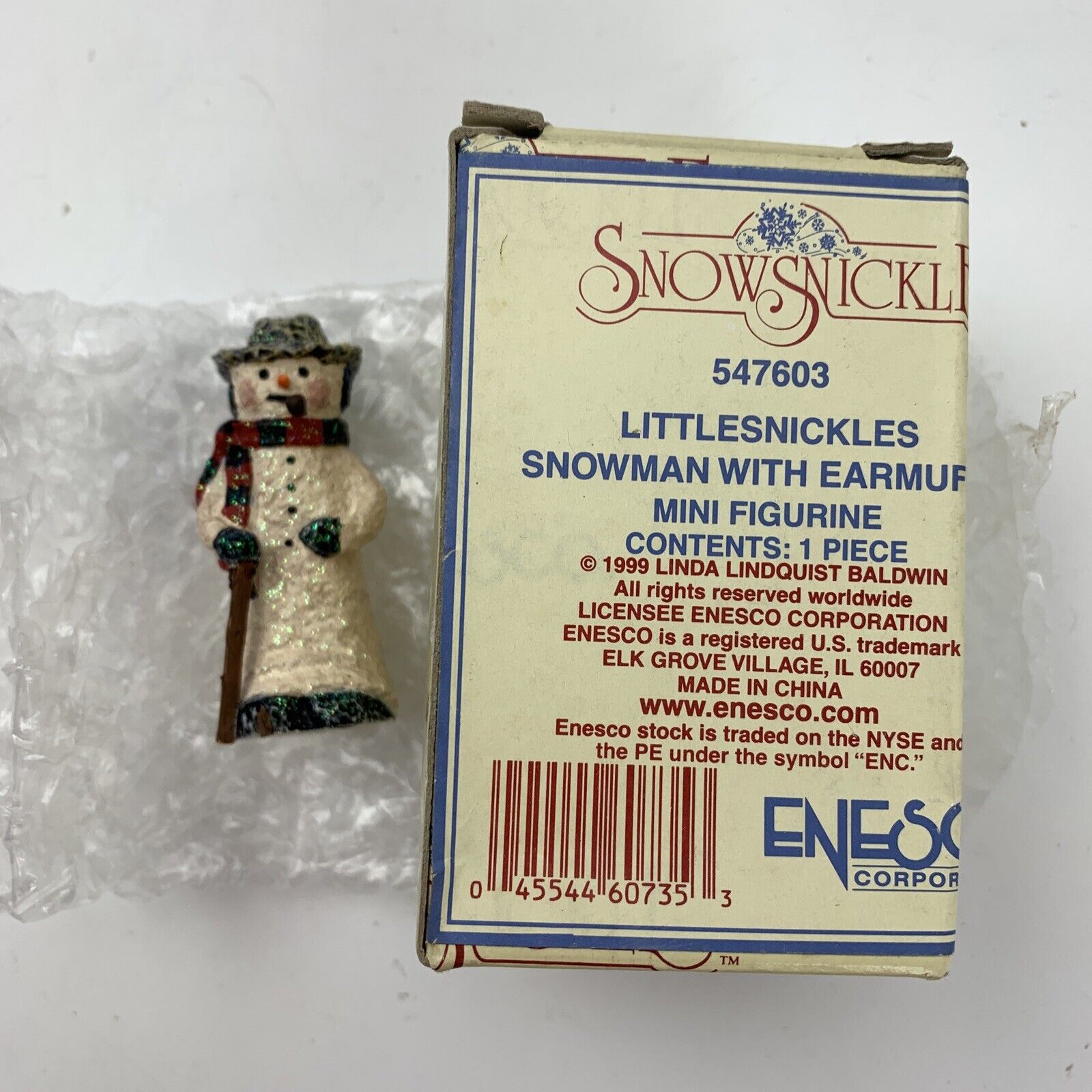 SnowSnickle Snowman With Earmuffs Mini Figurine 1999 Enbesco