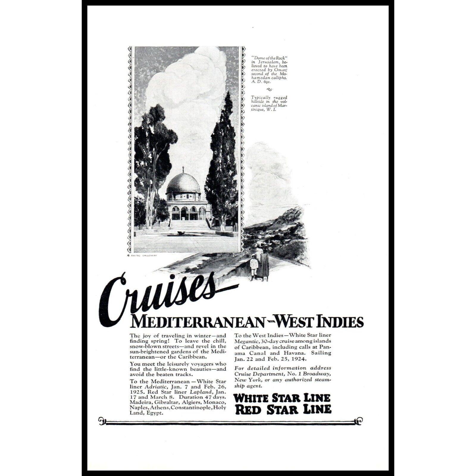 1924 White Red Star Line Cruise Lines Vintage Print Ad Dome of the Rock Wall Art