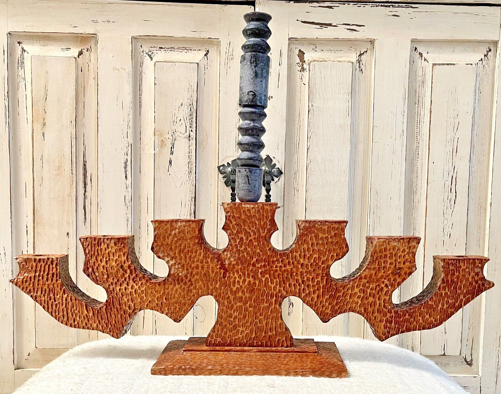 VTG Swedish Hand Carved Wooden Seven Arm Candlestick Holder Substantial MCM 24\