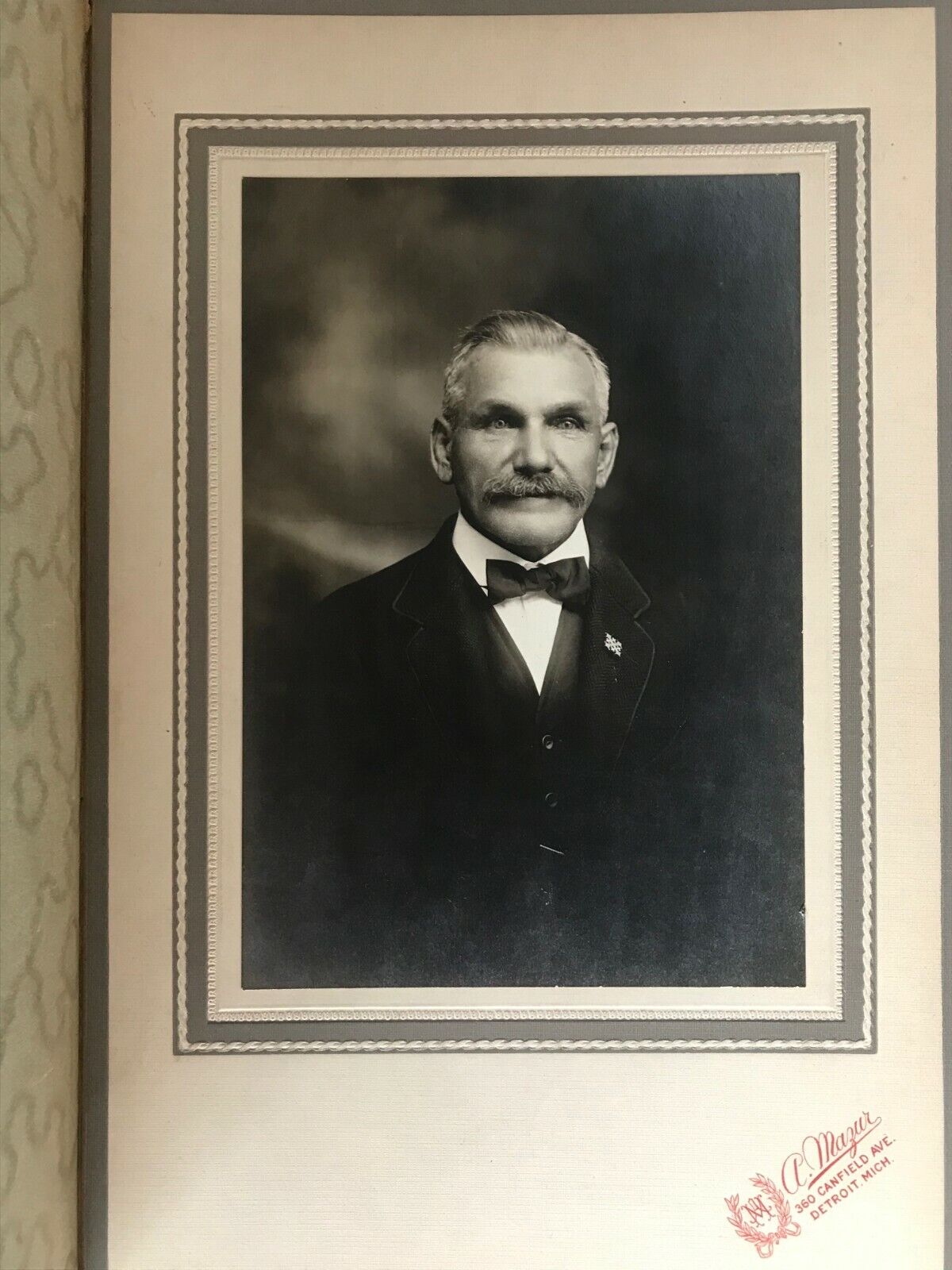 Antique Studio Portrait Elderly Man Mustache Bow Tie Mazur Detroit Polish
