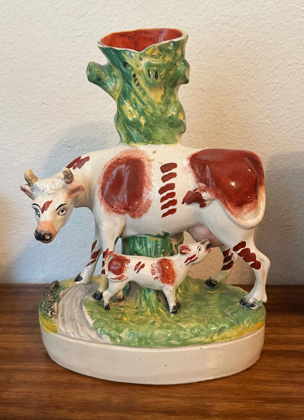 Antique Vintage Staffordshire Pottery Cow & Calf Sculpture Spill Vase, 12