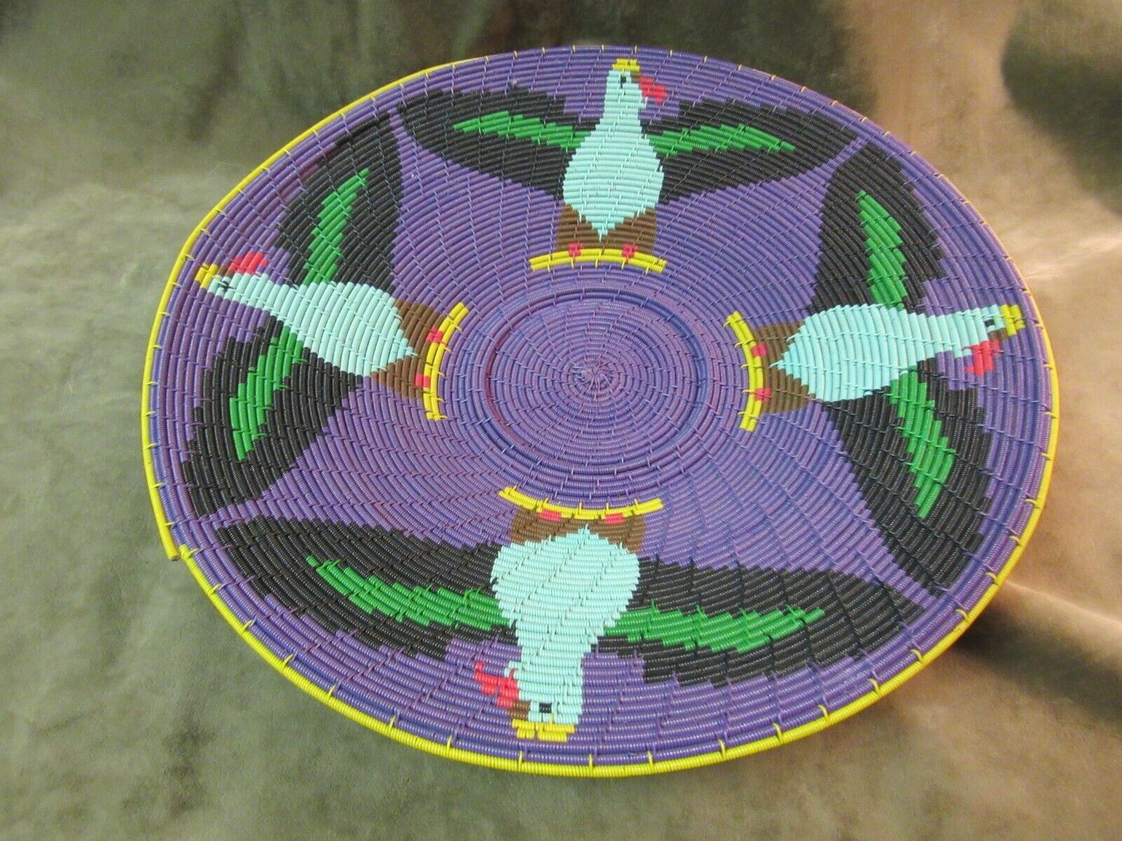 Rare South African Telephone Wire Hand Made Large Flat Basket w/Birds Purple