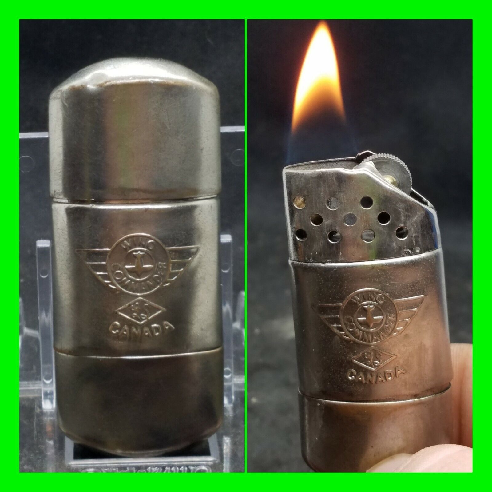 Vintage Petrol Trench Style Lighter With Canada Wing Commander In Working Cond. 