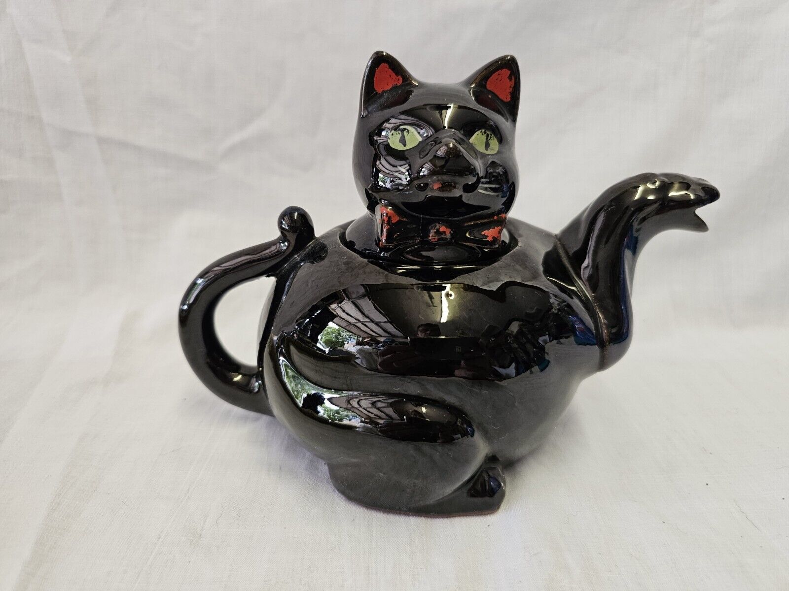 Vintage 1950’s Shafford Redware Black Cat With Red bow Glazed Teapot 6\