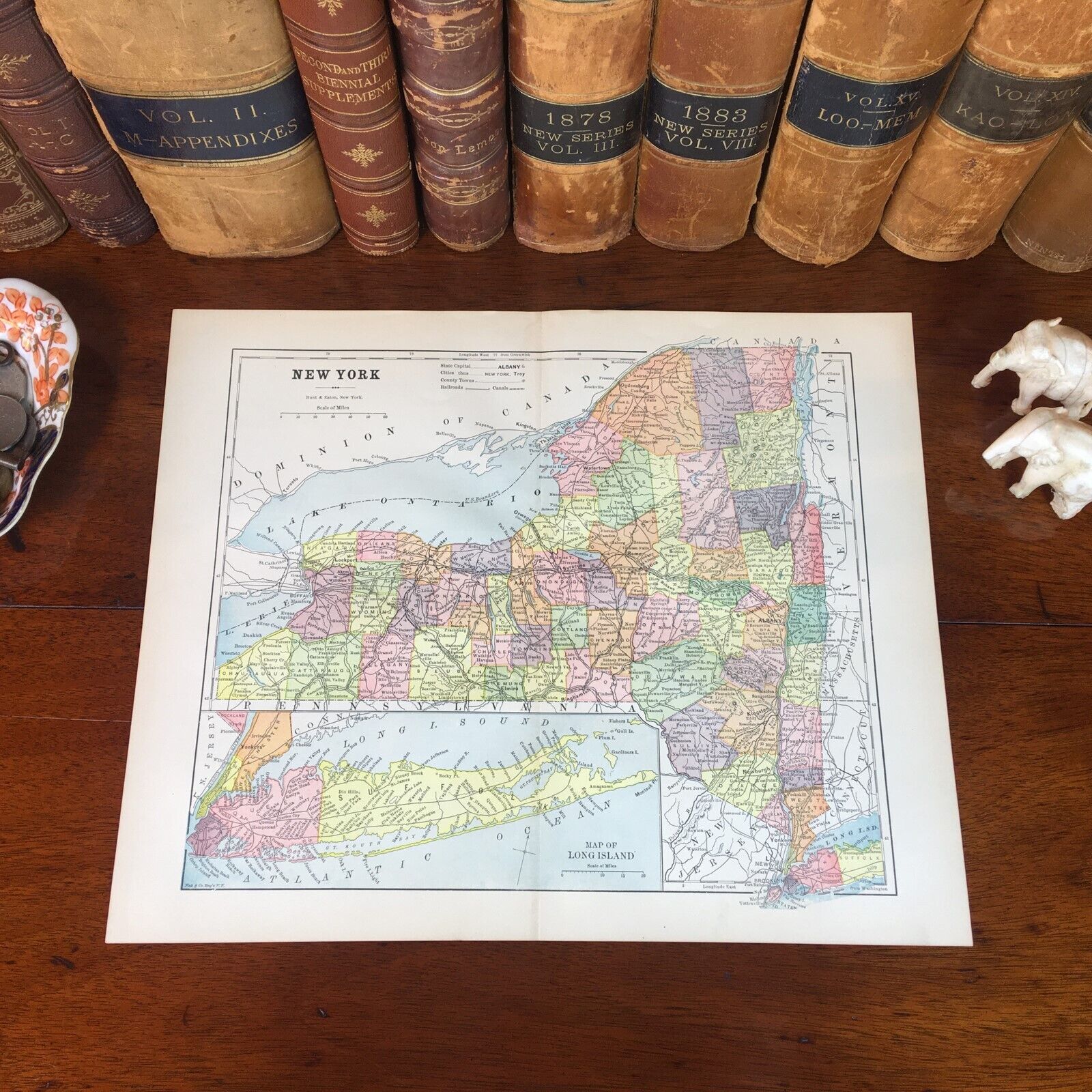 Original 1890 Antique Map NEW YORK STATE Albany Utica Auburn Ithaca New Rochelle