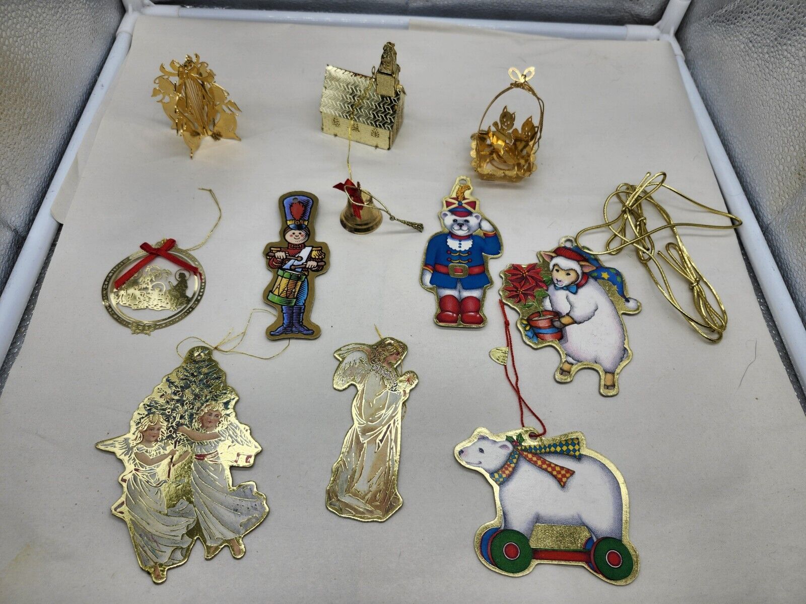 Vintage Christmas Tree Gold Metal Ornaments Carton Lot Of 11 Angels Bears 80s 