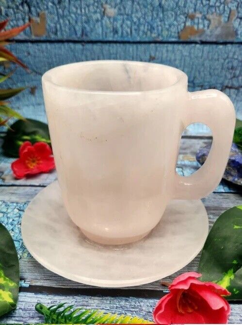 Beautiful Rose Quartz Crystal Hand Carved Cup Saucer Antique Unique Gift