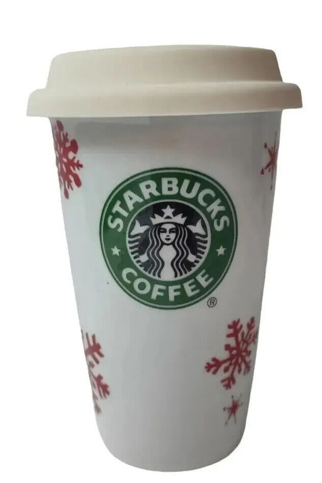 Starbucks 2010 To Go Cup Holiday Red Snowflake Tall 12 Oz Ceramic Mug Coffee Lid