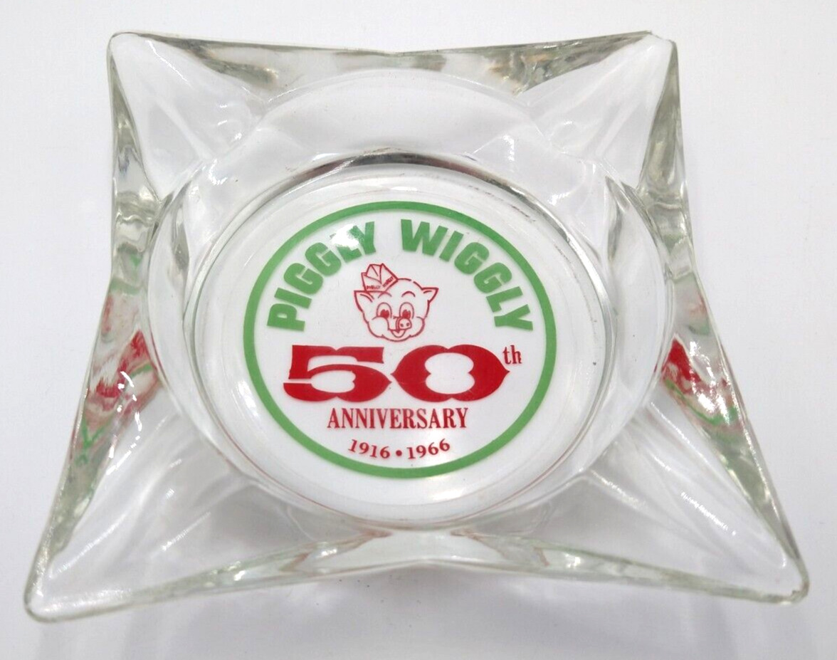 Rare PIGGLY WIGGLY 1916-1966 50th Anniversary GLASS ASHTRAY Grocery Store Pig