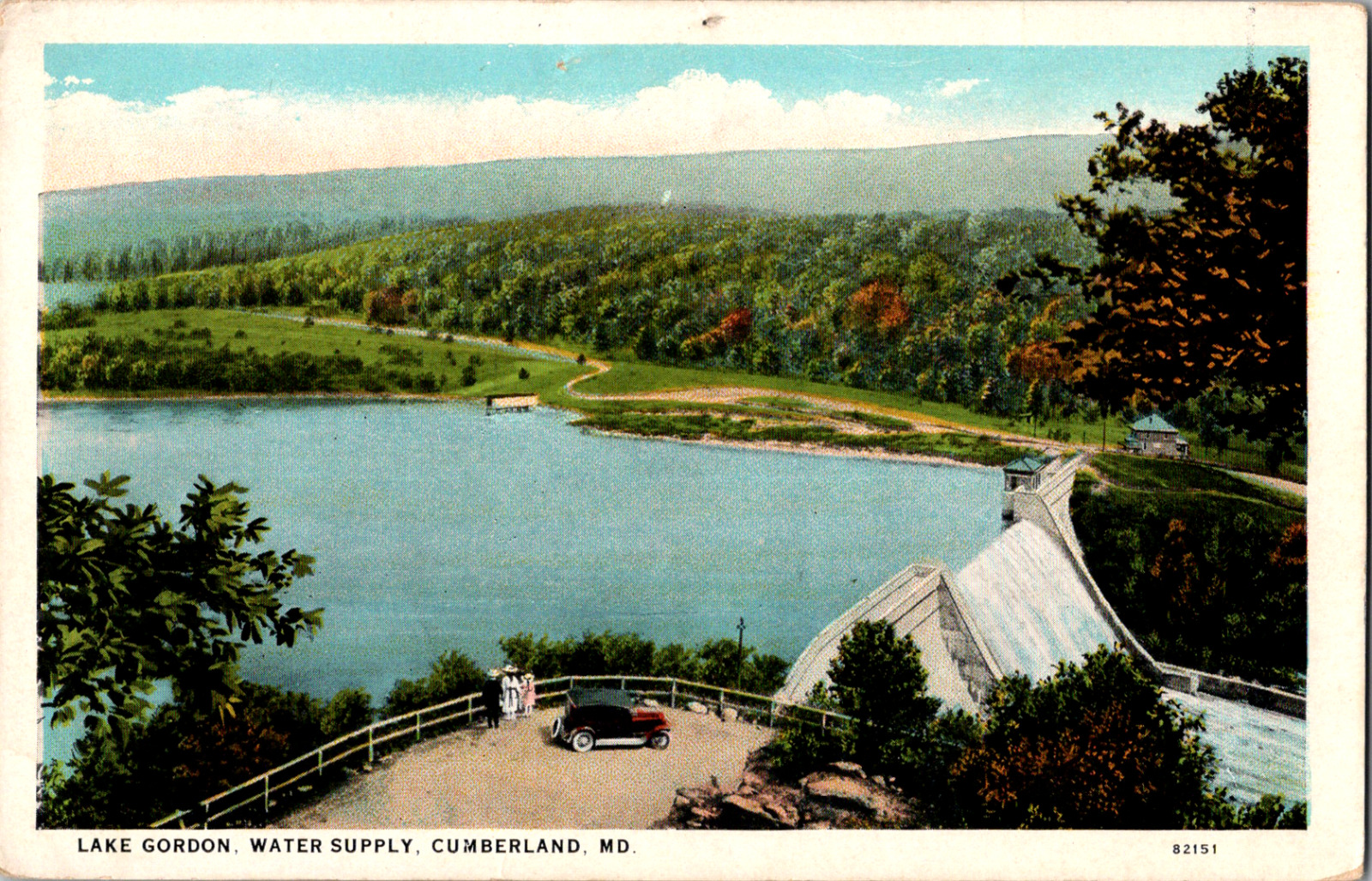 Vintage C. 1920's Old Car Family View Lake Gordon Water Supply Dam MD Postcard