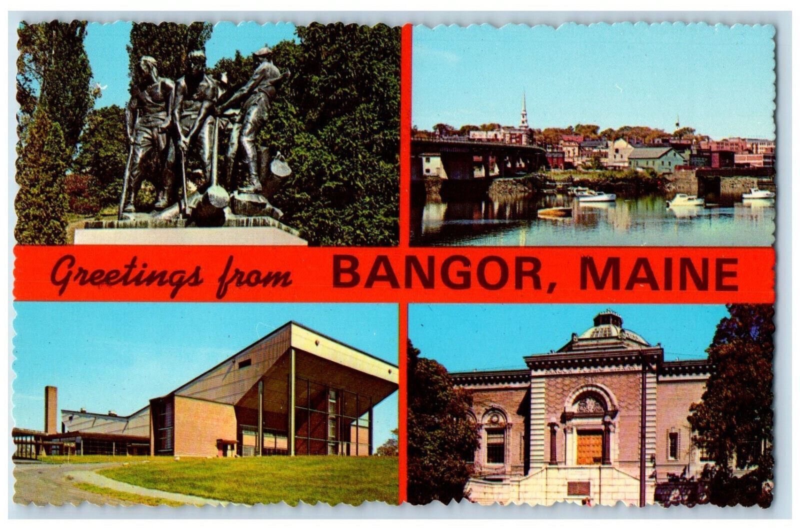 c1960's Multiview, Library Memorial, Greetings from Bangor Maine ME Postcard