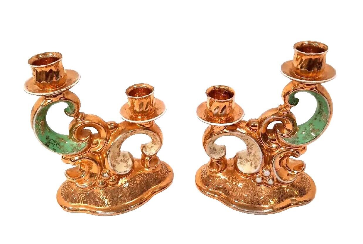 Pair of  CZECH Victoria 24K Gold Hand Painted Dual Light Candlestick Holders
